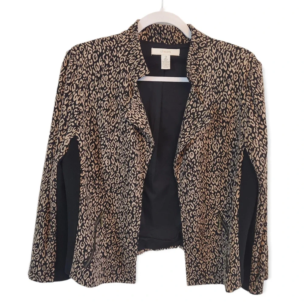 Chico's Women's Tan and Black Animal Print Jacket Blazer Chico's Size 2 - Picture 1 of 6